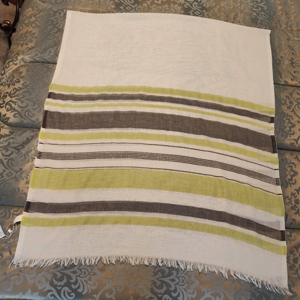 Elsie & Zoey white, lime green & gray striped scarf, new with tags